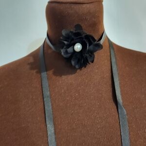 Hand Crafted Floral Choker Necklace Ribbon Choker Flower  Black with White Bead